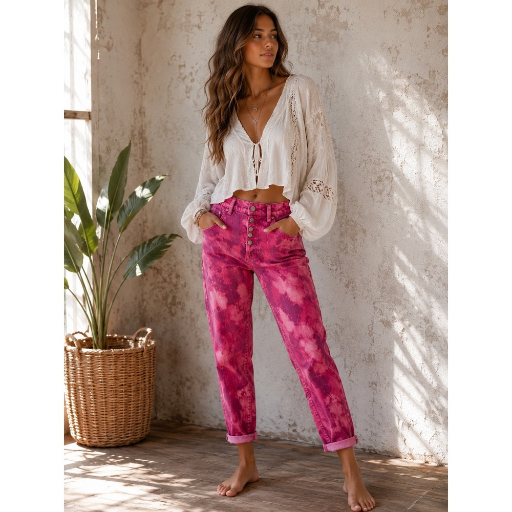 VRG GRL Pink Purple Tie Dye High Rise Button Fly Straight Leg Jeans Womens 6